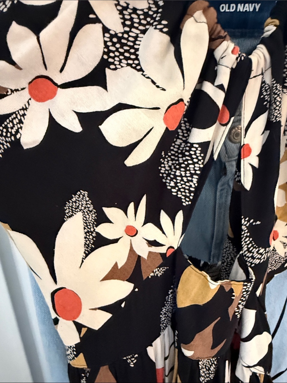 Angie Black Floral Tie-Front maxi with White & Rust floral Accents
